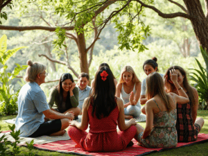 alt_text: A diverse group engages in healing activities in a serene, nature-inspired setting for wellness.