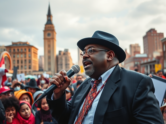 alt_text: Dynamic cover featuring Ras Baraka addressing a crowd, with Newark's landmarks and vibrant colors.