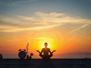 alt_text: A serene sunrise scene with a clock, nature elements, and a meditating person, symbolizing wellness.