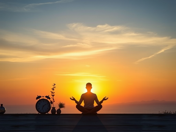 alt_text: A serene sunrise scene with a clock, nature elements, and a meditating person, symbolizing wellness.