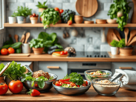 alt_text: A vibrant kitchen scene showcases colorful plant-based meals and budget-friendly ingredients.
