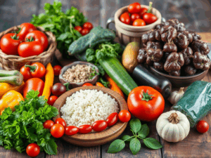 alt_text: "Colorful Mediterranean ingredients on a rustic table, promoting a fresh 7-Day Diet Shopping List."