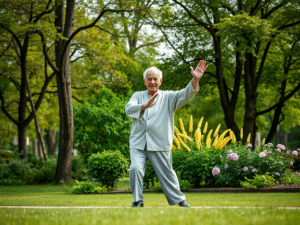 alt_text: A serene park scene shows an older adult practicing tai chi, surrounded by cognitive boosters and greenery.