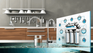 alt_text: Sleek kitchen featuring a reverse osmosis system, highlighting water filtration processes in an infographic.