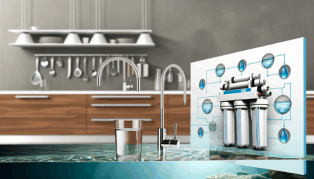 alt_text: Sleek kitchen featuring a reverse osmosis system, highlighting water filtration processes in an infographic.