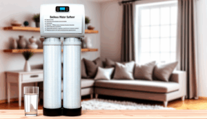 alt_text: "Sleek saltless water softener in a home setting with labels highlighting its key benefits."