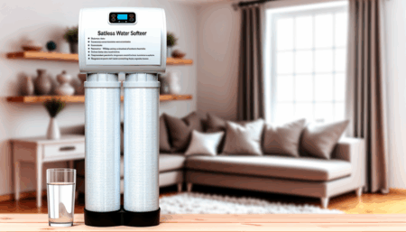 alt_text: "Sleek saltless water softener in a home setting with labels highlighting its key benefits."