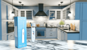 alt_text: Sleek fluoride test kit on a countertop in a modern kitchen, ensuring safe drinking water.