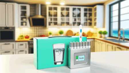 alt_text: "A modern fluoride test kit displayed in a bright kitchen, emphasizing home water safety."