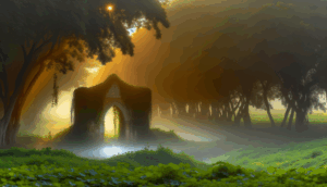alt_text: A misty forest at dawn with a stone archway, ivy, and golden sunlight hints at untold stories.