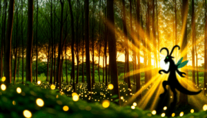 alt_text: Enchanting twilight forest with golden rays, glowing fireflies, and a whimsical creature silhouette.