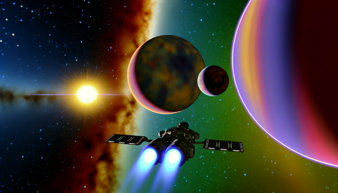 alt_text: A vibrant alien planet with a futuristic spacecraft, showcasing adventure in the 'Kosmos 482' star system.