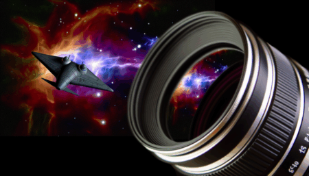 alt_text: A sleek spacecraft approaches a vibrant nebula, embodying the awe of space exploration in "Kosmos 482."