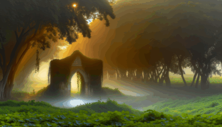 alt_text: A misty forest at dawn with a stone archway, ivy, and golden sunlight hints at untold stories.