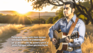 alt_text: "Johnny Rodriguez in a sunlit Texas landscape, embodying country music nostalgia with his guitar."