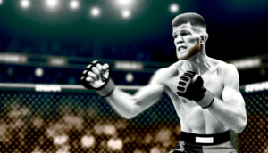 alt_text: Intense image of UFC champion Islam Makhachev in the octagon, showcasing athleticism and focus.