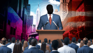 alt_text: Dynamic cover featuring Ras Baraka addressing a crowd, with Newark's landmarks and vibrant colors.