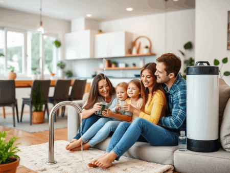 alt_text: A sleek water filter system in a home, with family enjoying clean water and eco-friendly touches.