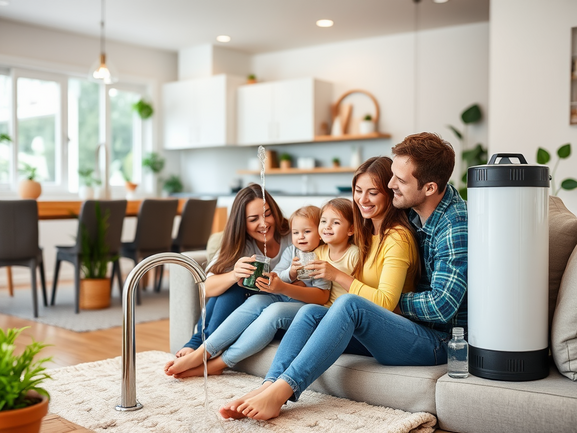 alt_text: A sleek water filter system in a home, with family enjoying clean water and eco-friendly touches.