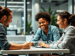 alt_text: Employees joyfully engage in wellness activities, with gamification elements enhancing their collaboration.