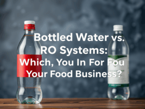 alt_text: Infographic comparing bottled water and RO water for food businesses, highlighting pros, cons, and costs.