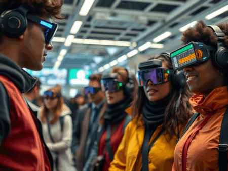 alt_text: A diverse group wearing advanced tech highlights privacy issues in a futuristic, everyday setting.