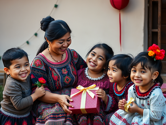 alt_text: A joyful Mexican Mother's Day scene with a mother in a huipil, celebrated by her children with gifts.