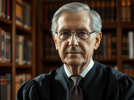 alt_text: A portrait of David Souter in a library, highlighting his judicial career with warm lighting.