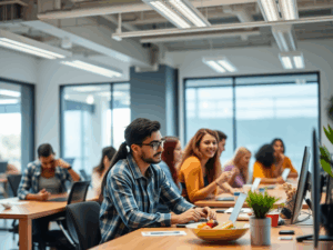 alt_text: A vibrant office where diverse employees compete in wellness challenges with games, badges, and snacks.