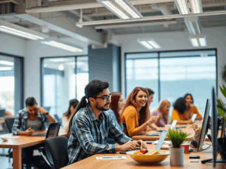 alt_text: A vibrant office where diverse employees compete in wellness challenges with games, badges, and snacks.
